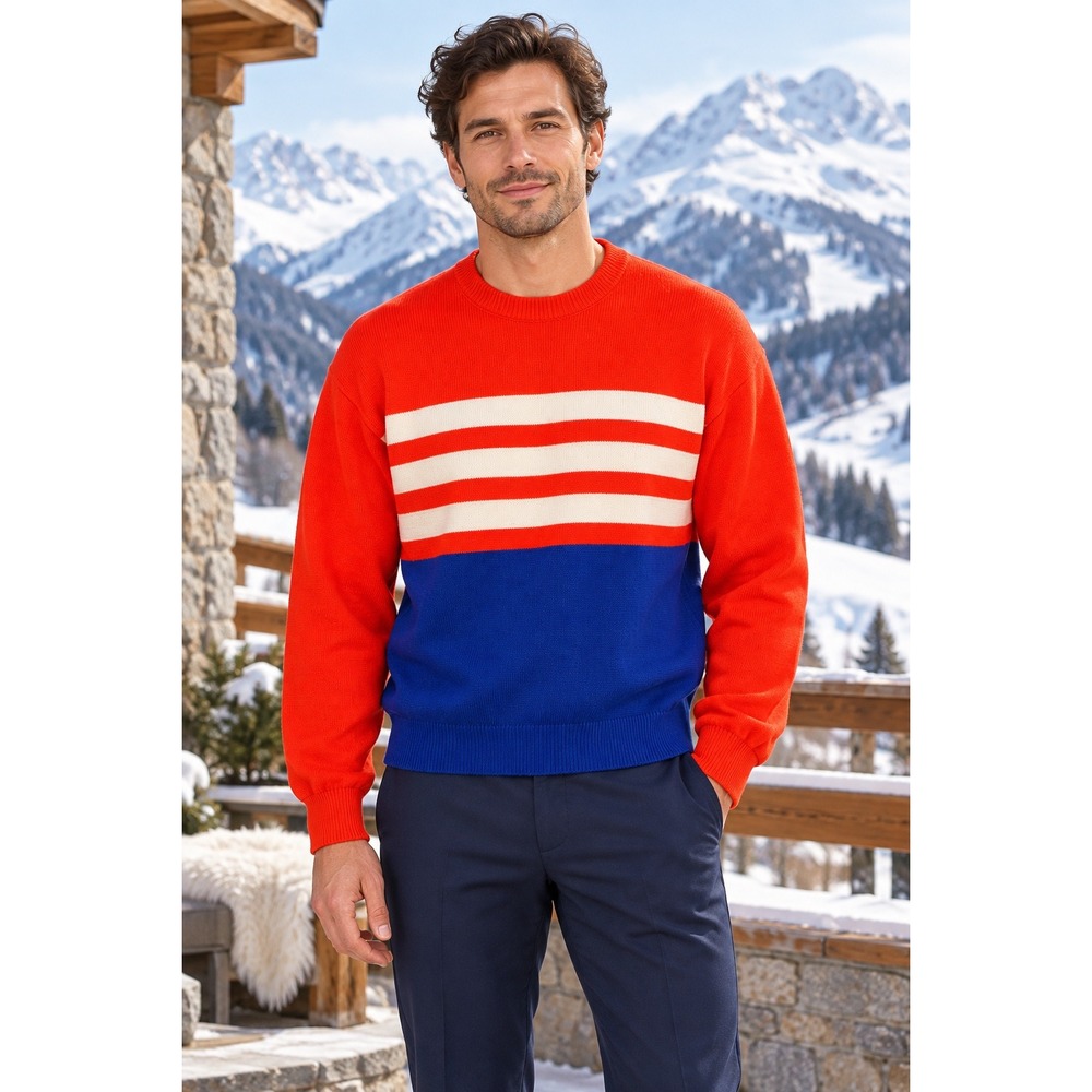 Vintage Ski Sweater Mens L Red Orange White Blue Stripe Wool Blend Apres Ski